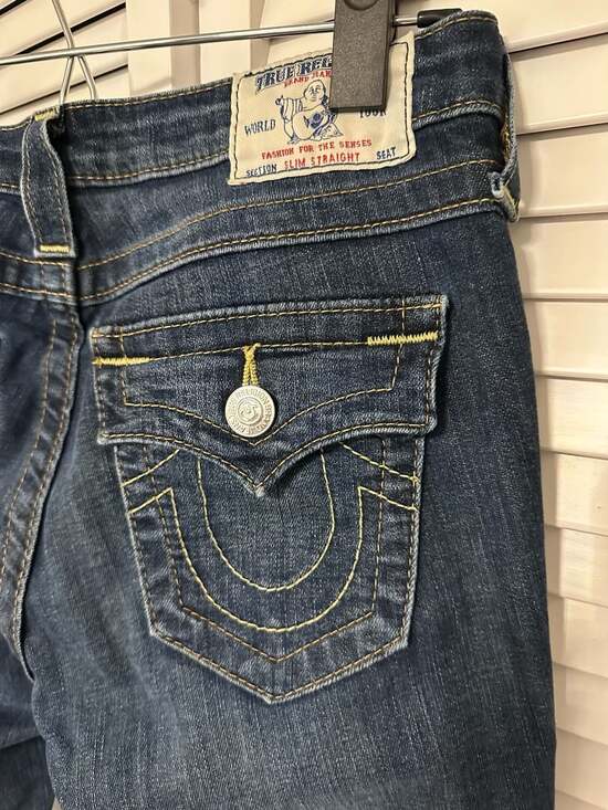 True Religion Denim - VINTAGE True Religion Slim Straight Jeans Women 28 Dark Wash Yellow Stitch Y2K